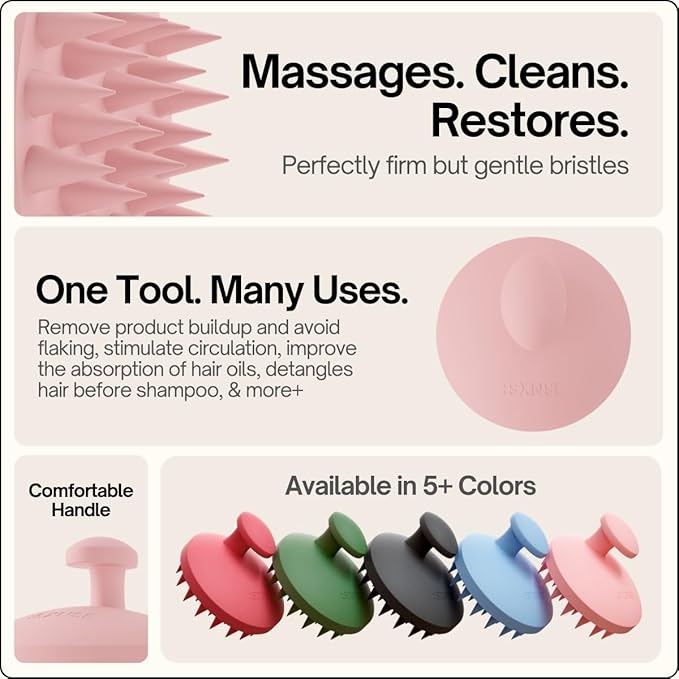 SXNSE - Revive Silicone Scalp Massager, Rose - Manual Hair & Scalp Scrubber for Dandruff, Buildup, Itch, & Hair Growth - Soft Exfoliating Silicone Bristles for Wet & Dry Hair, Flake-Free Finish