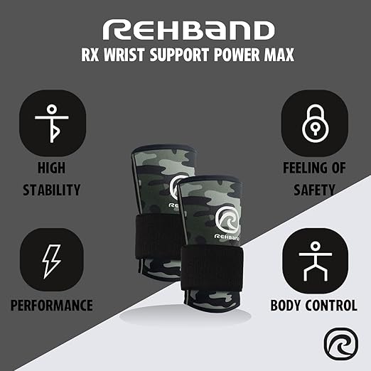 Rehband RX Wrist Support Power Max, 3-in-1 Neoprene Sleeve + Wrap for Strength Training, Protects during Kettlebell Training, stabilizes wrist, forearm protection, Colour:Camo, Size:Medium