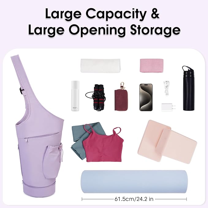 sportsnew Yoga Mat Bag, Large Opening Long Tote Yoga Mat Carrier Holder Bag with Waterproof Wet Pocket and Drawstring Water Bottle Pocket, Adjustable Shoulder Strap Storage Bag, patent pending