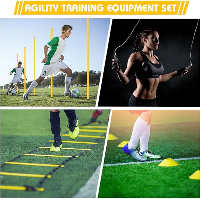 Agility Poles Training Equipment- Includes 6 Agility Poles, 6 Jumping Hurdles, Agility Ladder, 12 Soccer Cones, 1Jump Rope, Soccer Training Poles for Speed Training, Soccer Agility Training