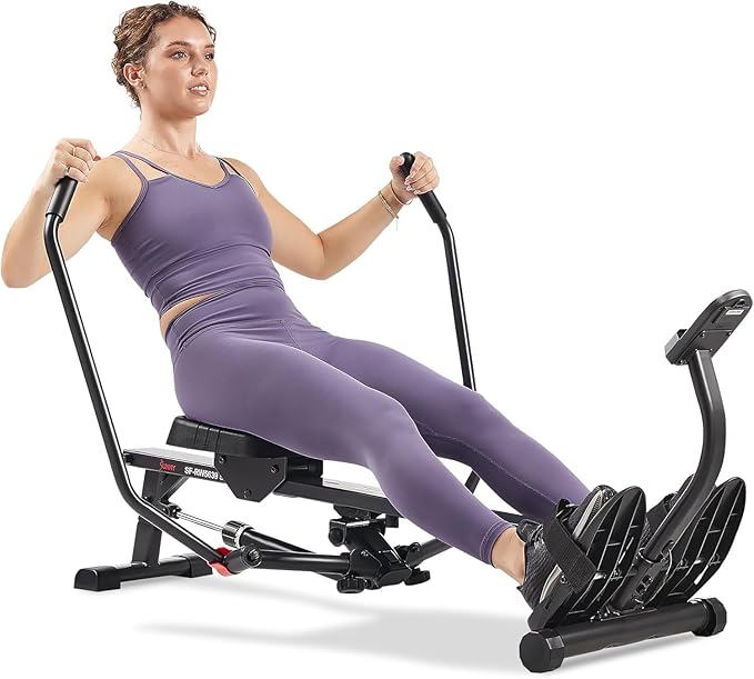 Sunny Health & Fitness Full-Motion Rowing Machine w/Adjustable Resistance, Low-Impact Full-Body Workout Rower w/Long Slide Rail, Space-Saving Design, Free SunnyFit App Connection