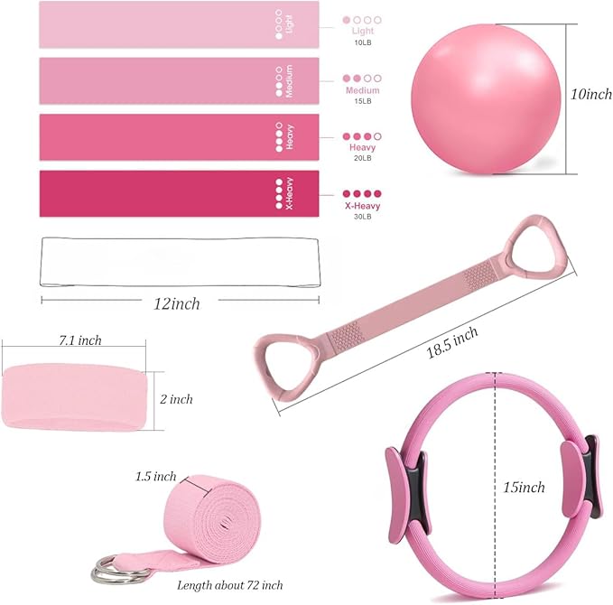 Yoga Starter Set - Home Pilates Essentials Kit with Ring, 10in Ball, and Resistance Bands for Women Workouts