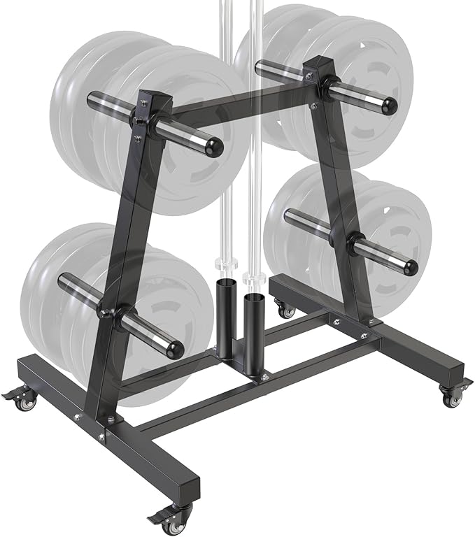 Kipika Weight Plate Tree Rack, Weight Holder for 2 inch Olympic Weight Plate & 2 Barbell Holders, Heavy Duty Bumper Plate Storage Organizer for Home Gym with Optional Wheels