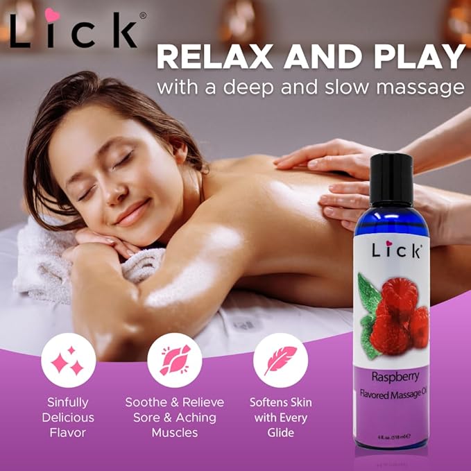 Lick Raspberry Flavored Massage Oil – Bright Berry Edible Massage Oil with Sweet Almond Oil & Vitamin E, Smooth Body-Safe Glide for Couples Massage, 4 oz