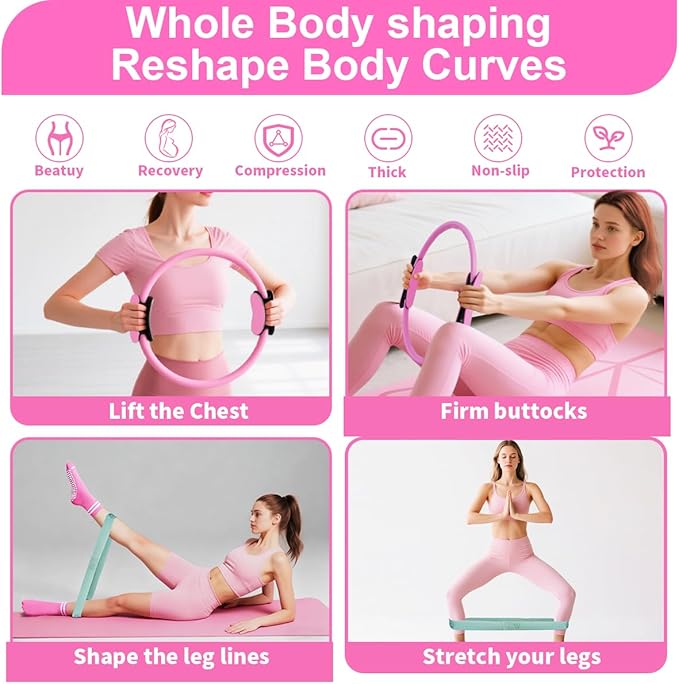 Pilates Equipment Kit for Women, Magic Circle Ring with Mini Ball, Multi Level Resistance Bands, Stretch Strap and Grip Socks, Women’s Day Gift