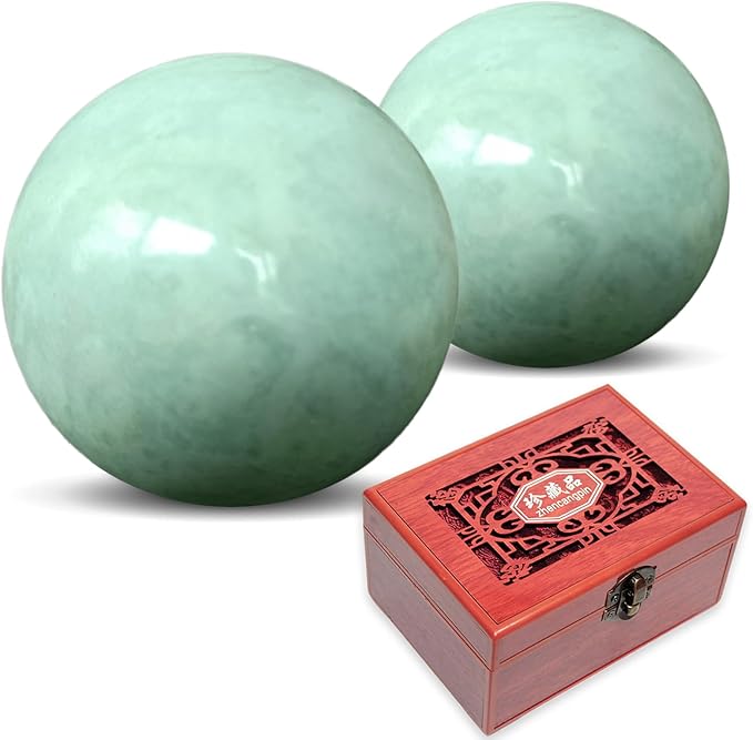 Traditional Chinese Baoding Balls, Marble Health Exercise Stress Relief Balls with an Upgraded Shockproof Imitation Wood Box, Green, 2-Piece Set, Medium-1.57"
