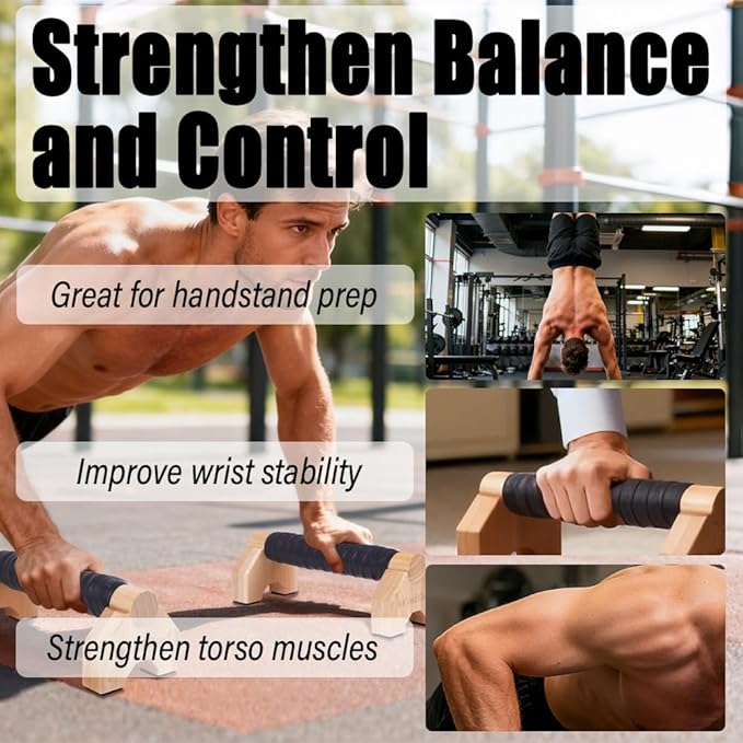 Solid Wood Parallettes Push Up Bars for Home & Gym, Durable Wooden Calisthenics Equipment with Non-Slip Grip, Full Body Strength & Balance Training