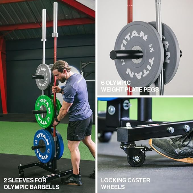 Titan Fitness Portable Weight Tree for Olympic Plate and Barbell Storage, Weight Plate Storage with 1,000 LB Capacity, Weight Tree Rack with Locking Wheels, Weight Plate Tree with Barbell Storage