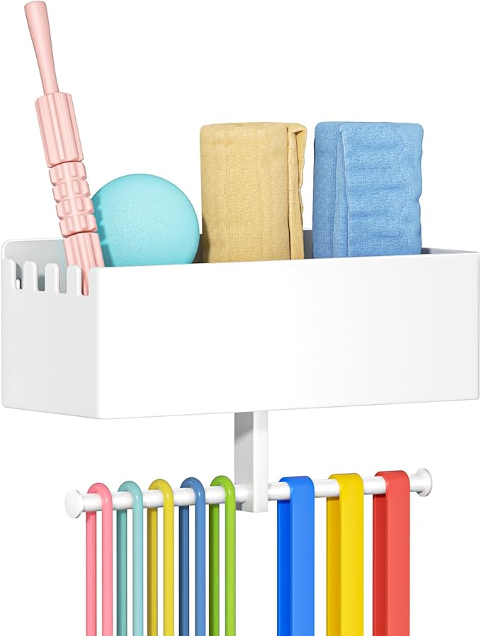 Home Gym Wall Storage, White Resistance Bands Rack Hanger Metal, Wall Mounted Fitness Bands Holder, Multi-Purpose Heavy Duty Workout Gym Storage Rack for Resistance Bands, Straps, Jump Ropes (White)