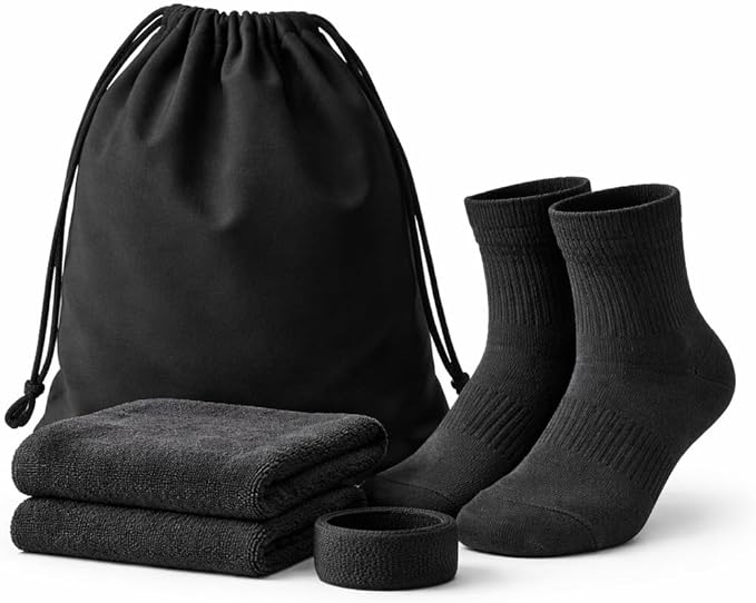 Personalized Women's Fitness Starter Pack, Black Rayon Bamboo Towel with Breathable Socks and Stretch Wristband, Soft Workout and Yoga Set