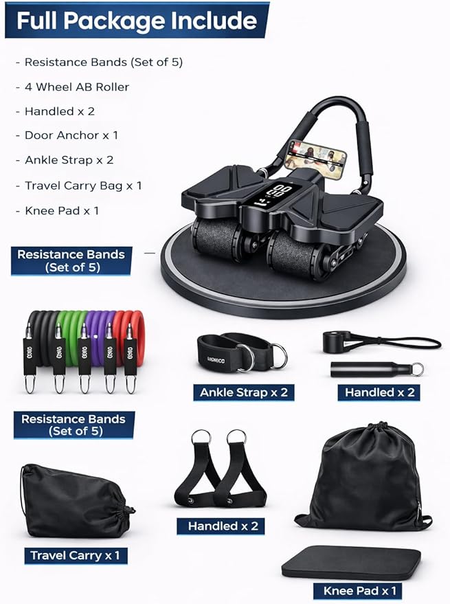 Ab Roller Home Gym Equipment – 4 Wheels Ab Wheel Muscle Roller with LCD Screen, 5Pcs Resistance Bands, Ankle Straps, Door Anchor, Handles, Travel Bag – Comfortable Elbow Support with Non-Slip Handles