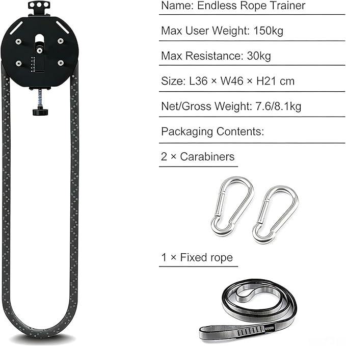 Endless Rope Trainer | Adjustable Resistance Trainer Machine | Suspension Endless Rope Pulley System| Closed-Loop Nylon Rope | Home Gym Infinity Rope for Interval Resistance Training Black