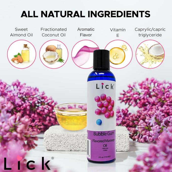 Lick Bubble Gum Flavored Massage Oil – Candy-Inspired Edible Massage Oil with Sweet Almond Oil & Vitamin E, Playful Smooth Glide for Couples Massage, 4 oz