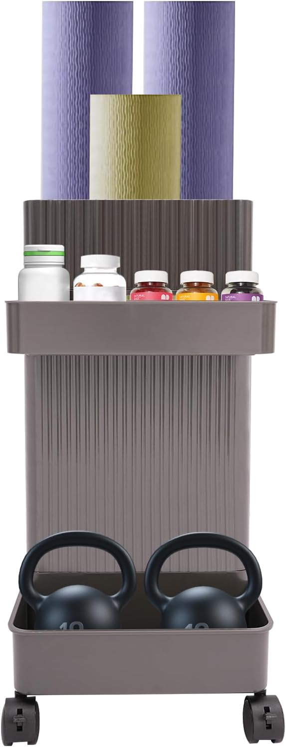 Yoga Mat Storage Rack, Home Gym Storage Rack Sports Workout Equipment Organizer with Wheels, Multifunctional Weight Rack for Pilates, Foam Roller, Resistance Band, Dumbbell