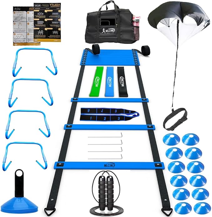 Agility Ladder 1 Agility Training Equipment 1 Resistance Parachute 4 Adjustable Hurdles 12 Disc Cones 1 Jump Rope 3 Resistance Band 1 Yoga Band Agility Speed Training Equipment for Youth&Adults