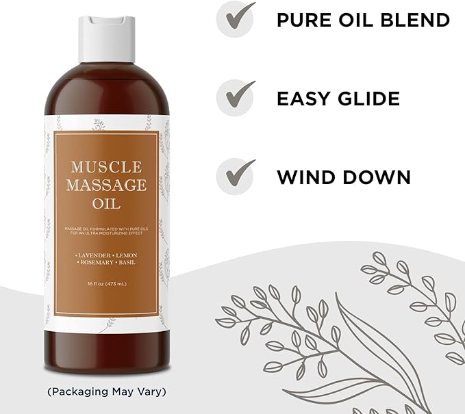 Sore Muscle Massage Oil for Body - Relaxing Therapy With Lavender and Rosemary Oils for Muscle Relief - Gentle Warming for Pro or Home Use (16oz)