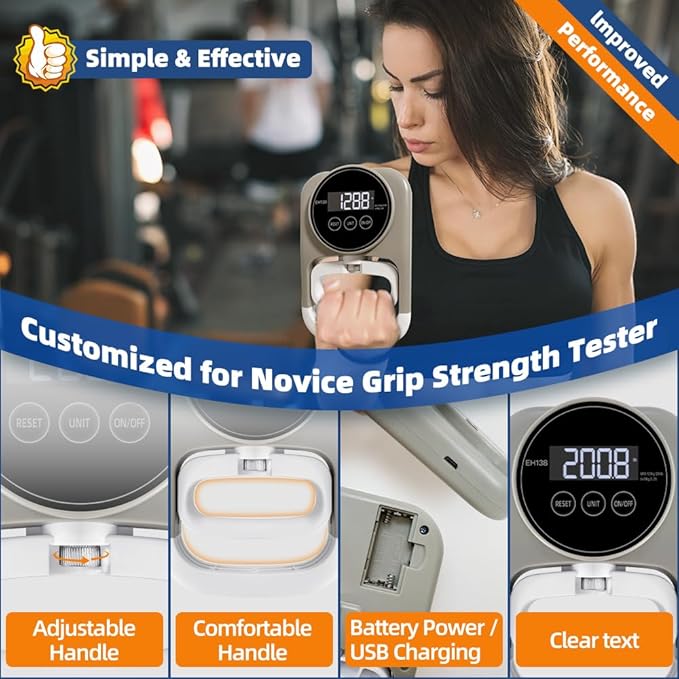 Grip Strength Tester Hand Gripper - Grip Strength Trainer Hand Dynamometer Handheld Meter LED Display Comfortable 265 Lbs / 120 Kgs Finger Strengthener for Sports Home School Gym Use