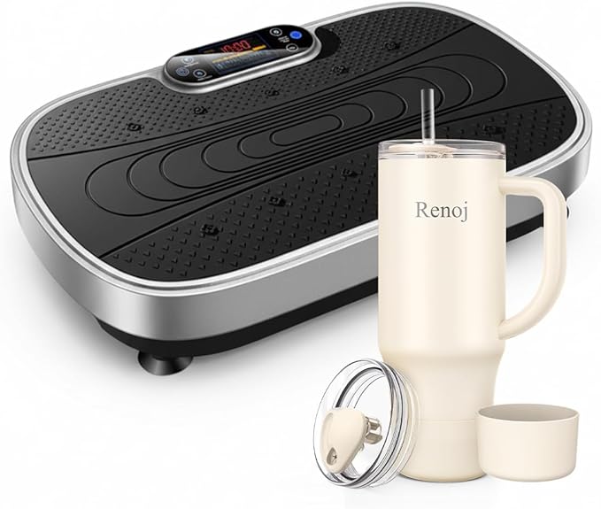 Vibration Plate Exercise Platform with Loop Bands + Renoj FlexSlide 32oz Insulated Stainless Steel Tumbler (White) – Full Body Workout & Recovery Set