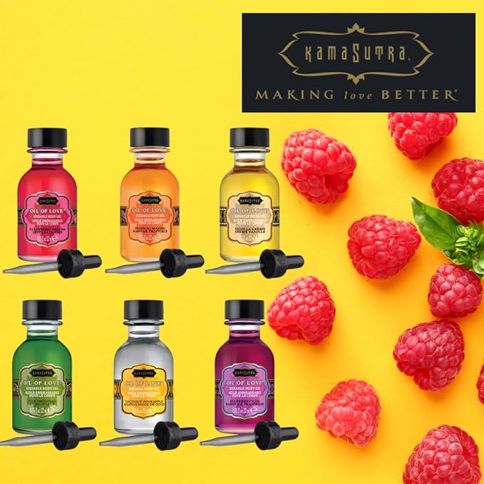 KAMA SUTRA Oil of Love Raspberry Kiss - .75 fl oz - Kissable Warming Body Topping for Oral Foreplay Fun, Delicious Lickable Flavor for Couples, Women, and Men. Water-Based.