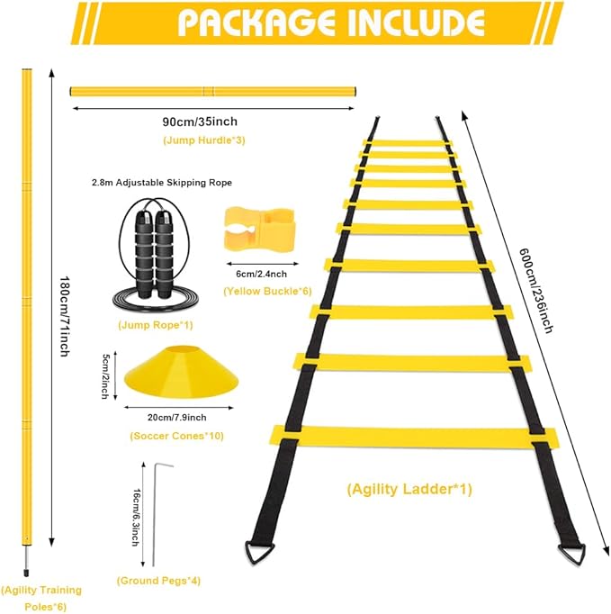 Agility Poles Training Equipment- Includes 6 Agility Poles, 6 Jumping Hurdles, Agility Ladder, 12 Soccer Cones, 1Jump Rope, Soccer Training Poles for Speed Training, Soccer Agility Training