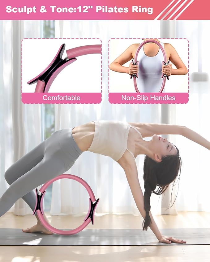 Pilates Ball and Ring Set for Women, At Home Pilates Kit with Thigh Master, 5 level Resistance Bands, Yoga Ball & Muscle Massage Ball, 18 Pcs Pilates Essential Kit for Toning Fitness Workout Equipment