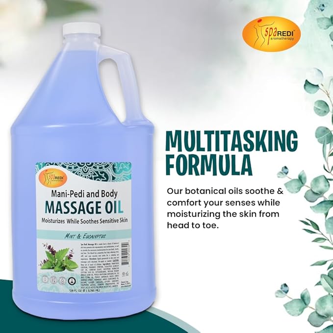 SPA REDI - Massage Oil, Mint Eucalyptus, 128 Oz - Professional Pedicure, Manicure, Body Massage Therapy, Made with Almond Oil, Cotton Seed Oil, Sunflower Oil, Avocado Oil, Essential Oils, Vitamin E