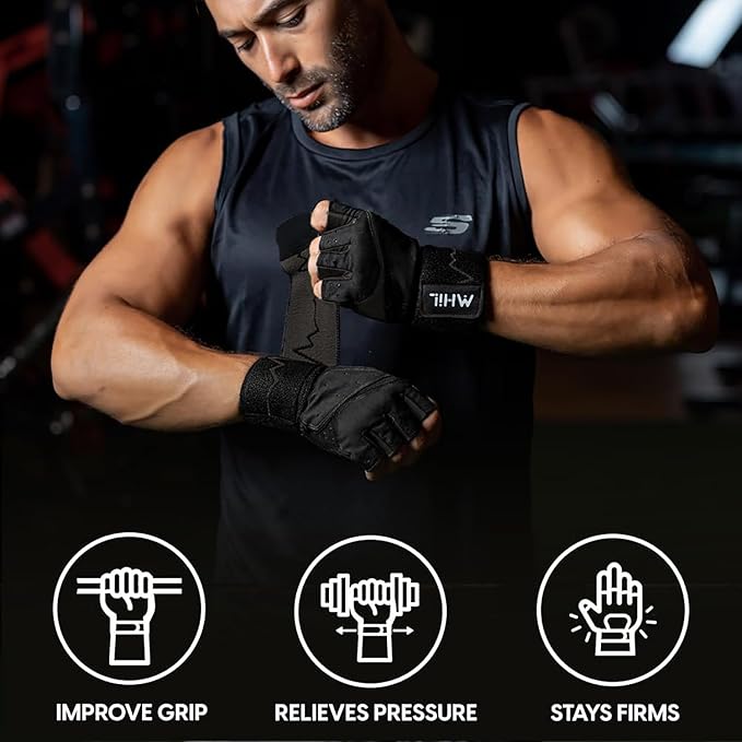 MhIL Workout Gloves for Men – Comfortable Gym Gloves for Men with Enhanced Grip for Safety and Hand Protection – Weight Lifting Protection with Wrist Wraps Support for Performance Boost and Style