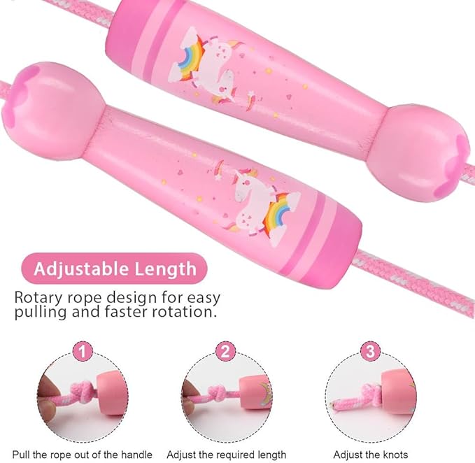 Jump Rope for Kids, Adjustable Toddler Jump Rope with Wooden Handle and Cotton Rope, Cute Skipping Rope for Boys and Girls Fitness Workout Exercise 8.5 Ft(Pink)