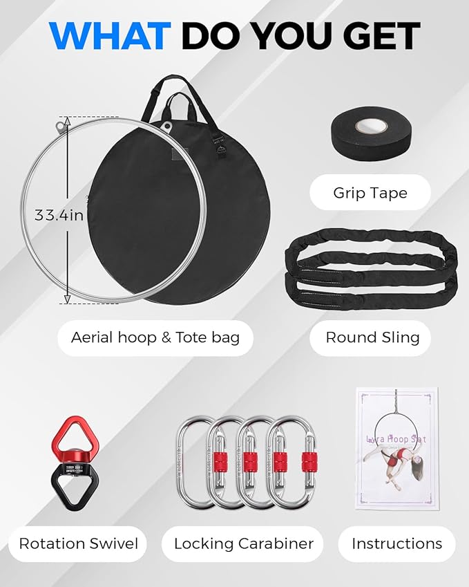 DASKING Professional Double-Ear Aerial Hoop Kit - 80/85/90cm x 32mm Lyra, 2-Ton Safety System & Anti-Slip Grip Stainless Steel