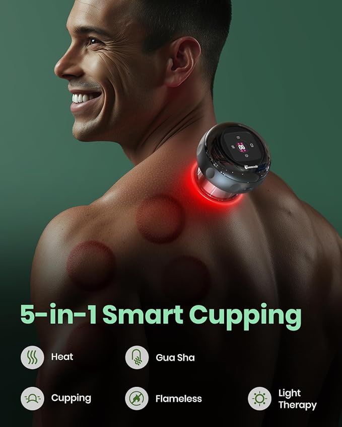1 Pack 5-in-1 Smart Cupping Therapy Massager, Electric Cupping Device with Red Light, Dynamic Cupping Therapy Set with 12-Level Suction & Heat, Cupping Machine for Muscle Pain Relief, Knots, Soreness