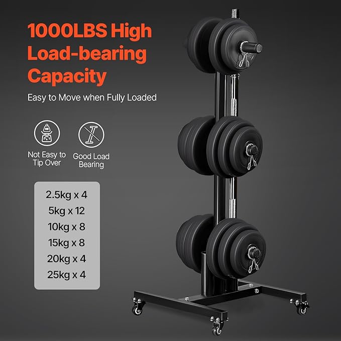 VEVOR Weight Plate Rack, Vertical Weight Plate Tree for 2-Inch Weight Plates, Standard Weight Plate Tree with Wheels, 1000 lbs Load Capacity Weight Storage Holder, Home Gym Barbell Rack Storage Stand