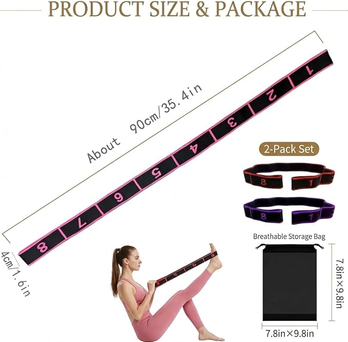 2Pcs Fitness Resistance Band for Stretching and Yoga, Numbered Resistance Band with Loops & Waterproof Portable Bag, 8 Segment Elastic Strap for Pilates, Dance & Physical Therapy