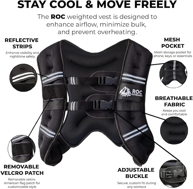 Roc Outdoors Weighted Vest W/ Rub-Free Technology for Woman and Men, 5lb/10lb/15lb/20lb/30lb Weight Vest with Reflective Stripe for Workout, Strength Training, Running, Walking, Fitness, Weight Training, Weight Loss, Weightlifting