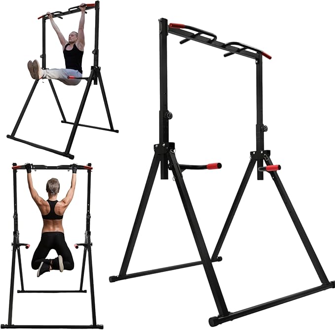 Foldable Pull Up Bar Stand, Pull Up Dip Station Adjustable Multifunction Workout Exercise Rack for Home Gym, Strength Training Equipment-440LBS Capacity