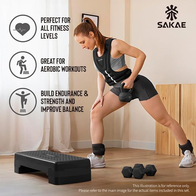 SAKAE Aerobics Step Platform Set with Weighted Vest & Measuring Tape, Adjustable Height 2 Level Risers Workout Step Trainer with Non-Slip Surface, Step Platform for Home Exercise, Multiple Colors