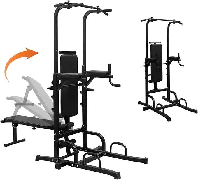 Power Tower with Weight Bench, Adjustable Height Dip Bar Station, Pull Up Dip Station for Home Gym, Multi-function Dip Station Pull Up Bar Full Body Strength Training Workout Fitness Equipment for Tricep Dips