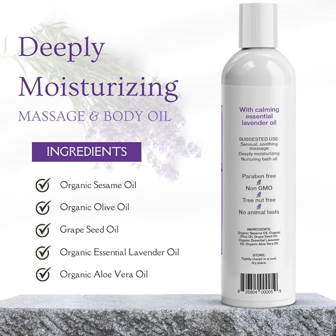 Aloe Cadabra Body Massage Oil for Men, Women, Couples, Relaxing Therapeutic Massage, Aromatherapy, Moisturizing Bath & Body Oil with Lavender Essential Oil (8 Fl Oz)