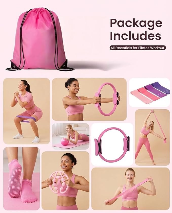 Pilates Accessories for Women – At Home Pilates Kit with Pilates Ball and Ring Set, Pilates Home Workout Kit, Pilates Essentials Kit for Women for Full Body Training