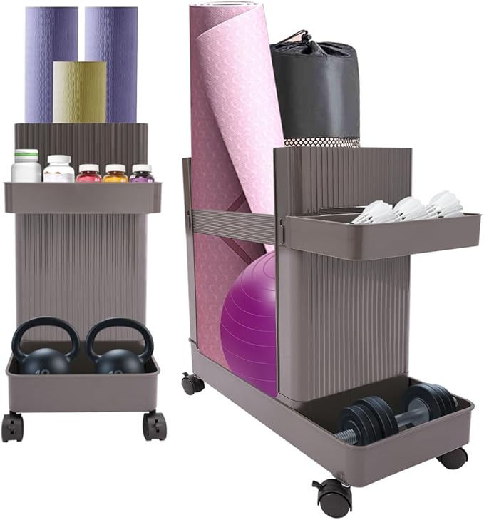 Home Gym Storage,2 Tiers Workout Equipment Organizer with Wheels Workout Equipment Storage Organizer Yoga Mat Storage Racks Home Gym Storage Rack for Yoga Mats, Foam Roller, Dumbbells
