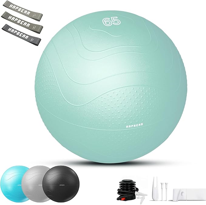 HAPBEAR Exercise Ball (22''/26''/30'') - Anti-Burst Slip-Resistant Yoga/Pilates Ball for Core Training & Posture Improvement, Home Gym/Rehab/Pregnancy Ball, Quick Pump & 3 Resistance Bands Included