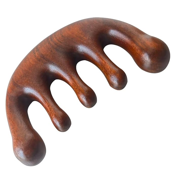 Wooden Massage Comb 100% Natural Handmade Pure Wood Five-Tooth Meridians Comb Scalp Massager Comb No Static Wide Tooth Comb for Head Scalp Comb Meridians Scraping Massage Tool (Plain Style)