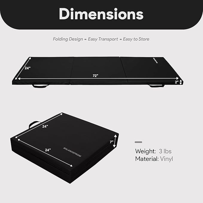 BalanceFrom 6x2 Feet 3-Panel Folding Gymnastics Mat – 2-Inch Thick Pad with Vinyl Surface and Carrying Handles for Tumbling, Yoga, Pilates, Home Workouts, and Martial Arts