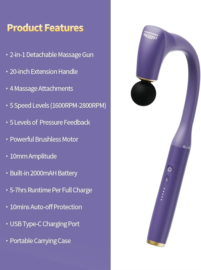 2-in-1 Detachable Muscle Massage Gun Deep Tissue with 20'' Extension Handle, Back and Neck Massager for Pain Relief, Handheld Massager for Shoulder Lower Back Leg Waist, Purple