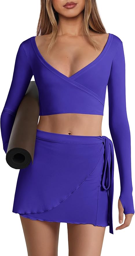 Nirovien Womens 2 Piece Workout Sets Sexy Pilates Outfits Athletic Gym Yoga Sets Ballet Wrap Top and Skirt