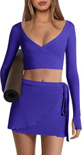 Nirovien Womens 2 Piece Workout Sets Sexy Pilates Outfits Athletic Gym Yoga Sets Ballet Wrap Top and Skirt