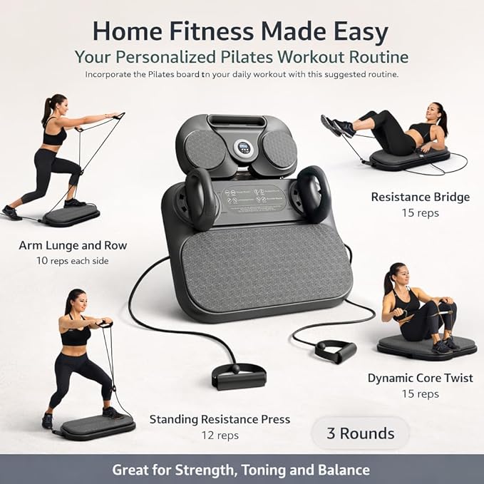 Pilates Exercise Board for Women – Adjustable Resistance Home Workout Board with Resistance Bands, Full Body Toning, Core Strength & Flexibility Training for Indoor Fitness