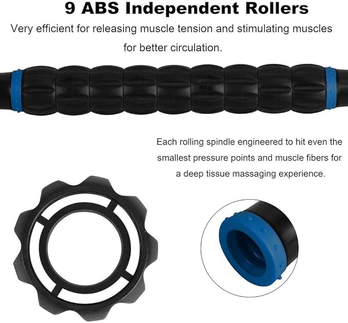 YANSYI Professional 9-Roller Deep Tissue Massage Stick - Portable Muscle Recovery Roller for Athletes, Relieves Post-Workout Soreness & Leg/Back Pain - Portable Physio Tool (Blue 1)