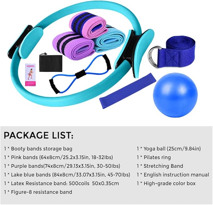 Yoga Sets for Women Pilates at Home Equipment Pilates Magic Ring Booty Bands for Working Out Glutes Yoga Ball 25cm Figure 8 Resistance Band Yoga Bands for Stretching