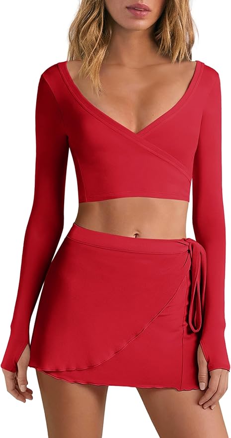 Nirovien Womens 2 Piece Workout Sets Sexy Pilates Outfits Athletic Gym Yoga Sets Ballet Wrap Top and Skirt