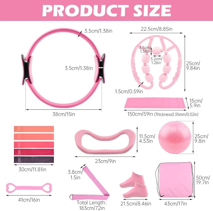 Pilates Essentials Kit for Women, 14 Pcs Pilates Equipment for Home Workouts with Yoga Circle Ball Ring, 5 Resistance Bands,Pedal Puller Resistance Band